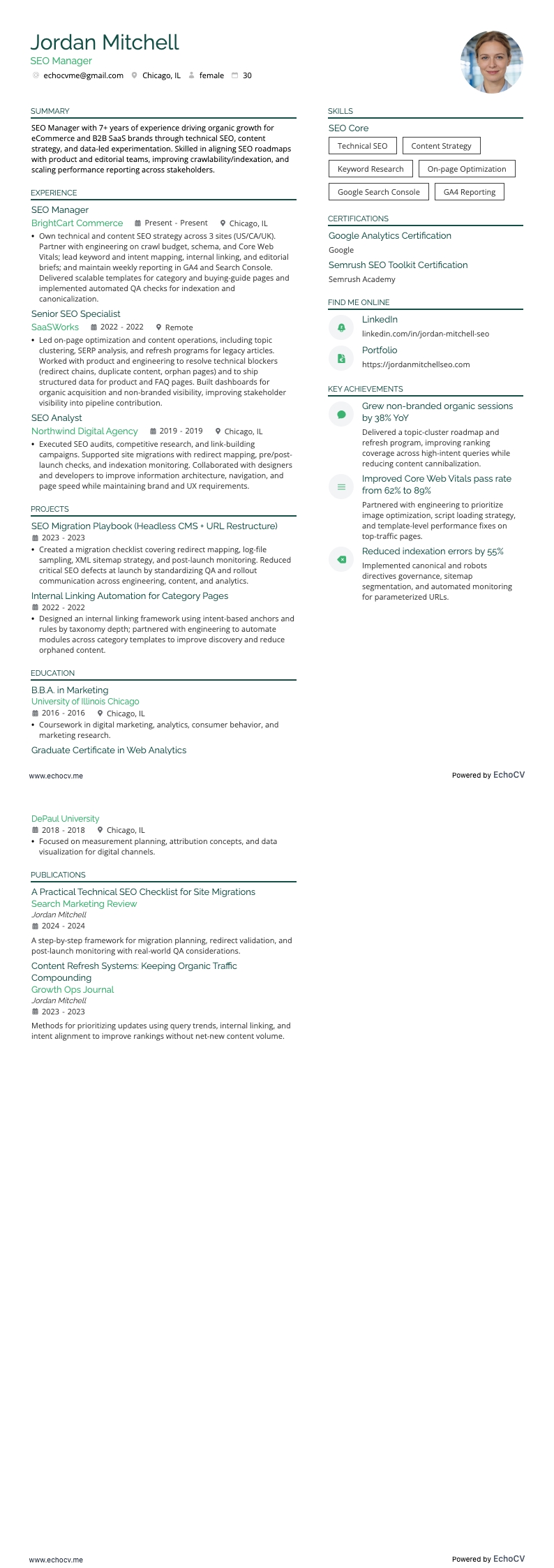 SEO Manager example resume