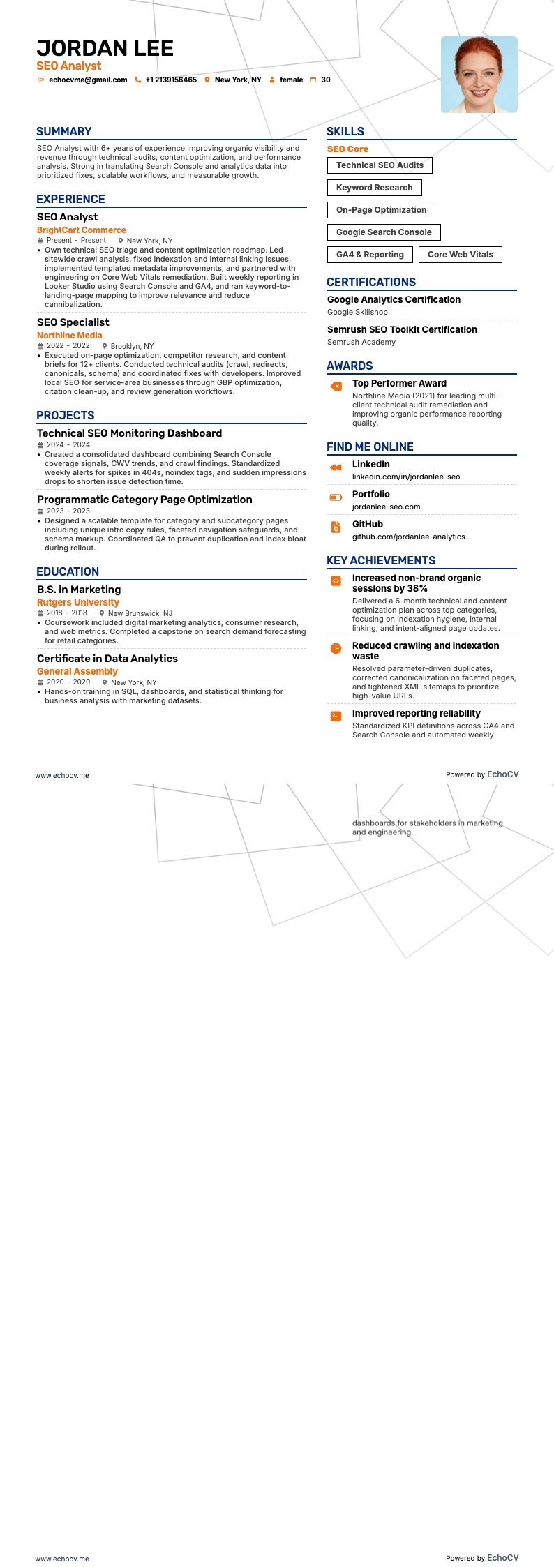 SEO Analyst example resume