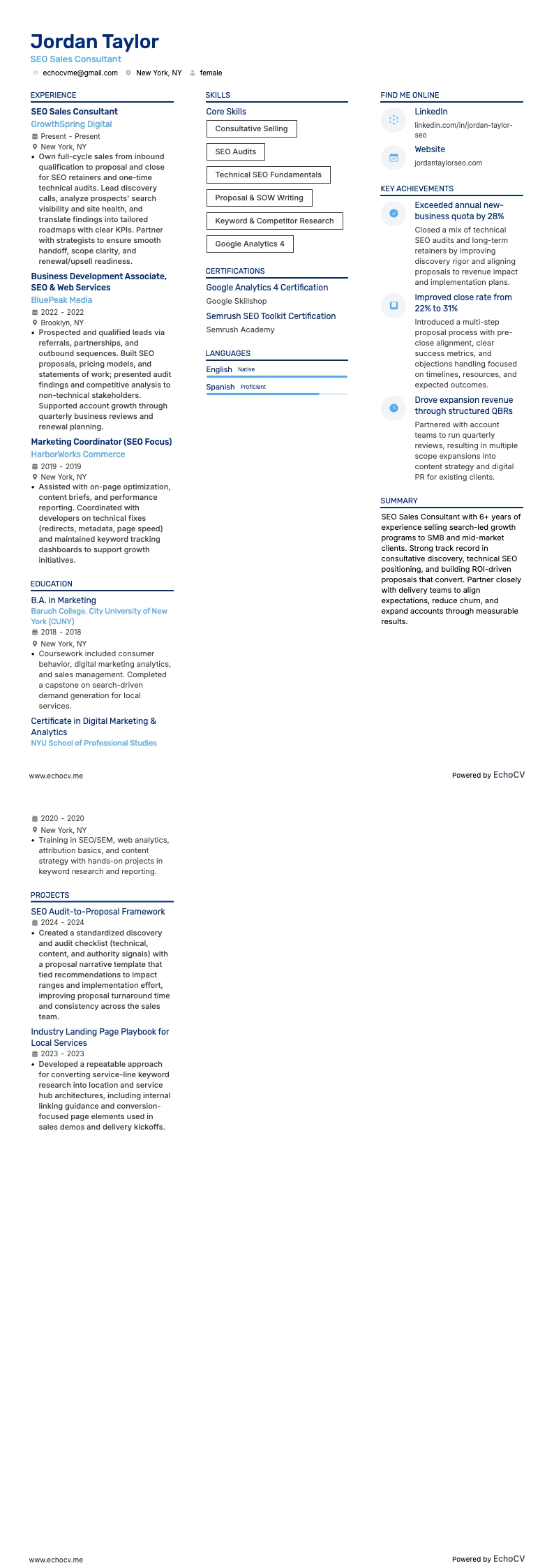 SEO Sales Consultant example resume