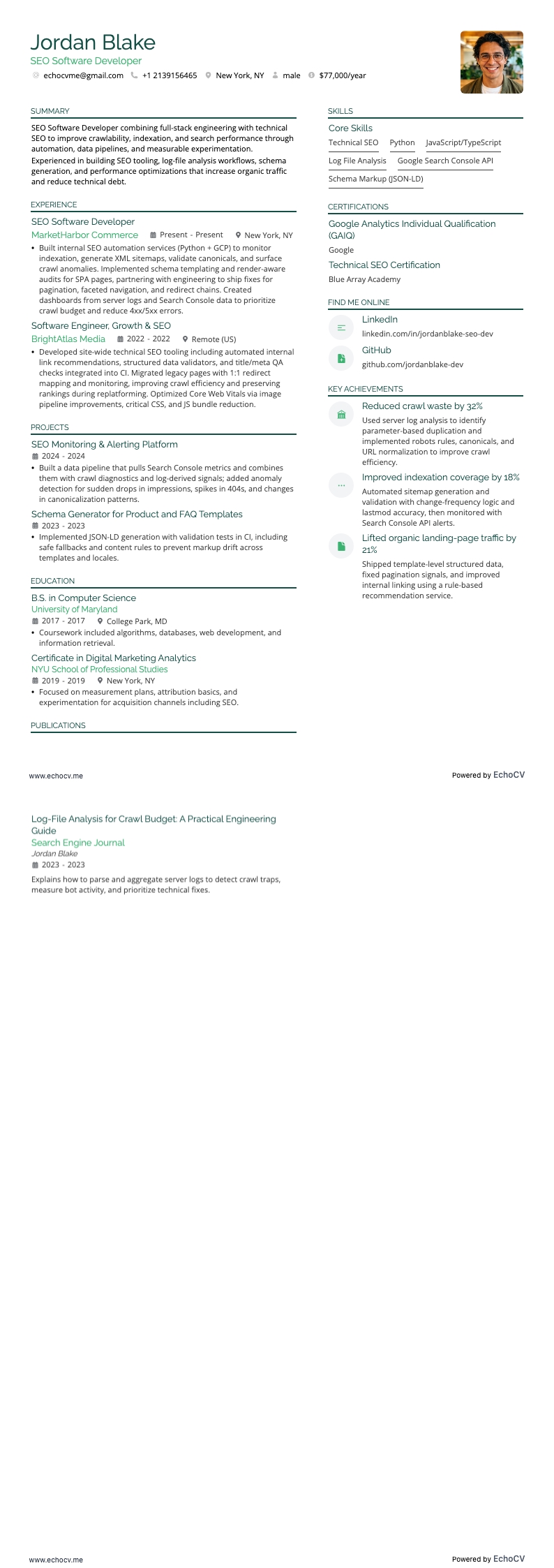 SEO Software Developer example resume