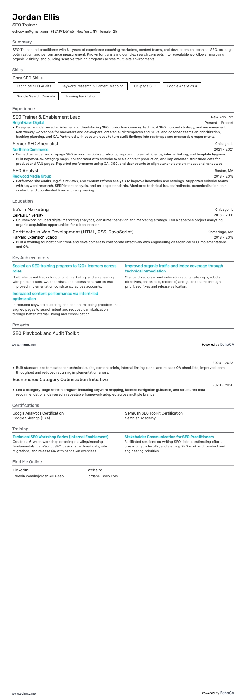 SEO Trainer example resume