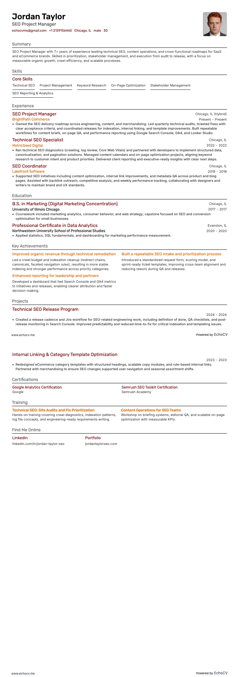 SEO Project Manager example resume
