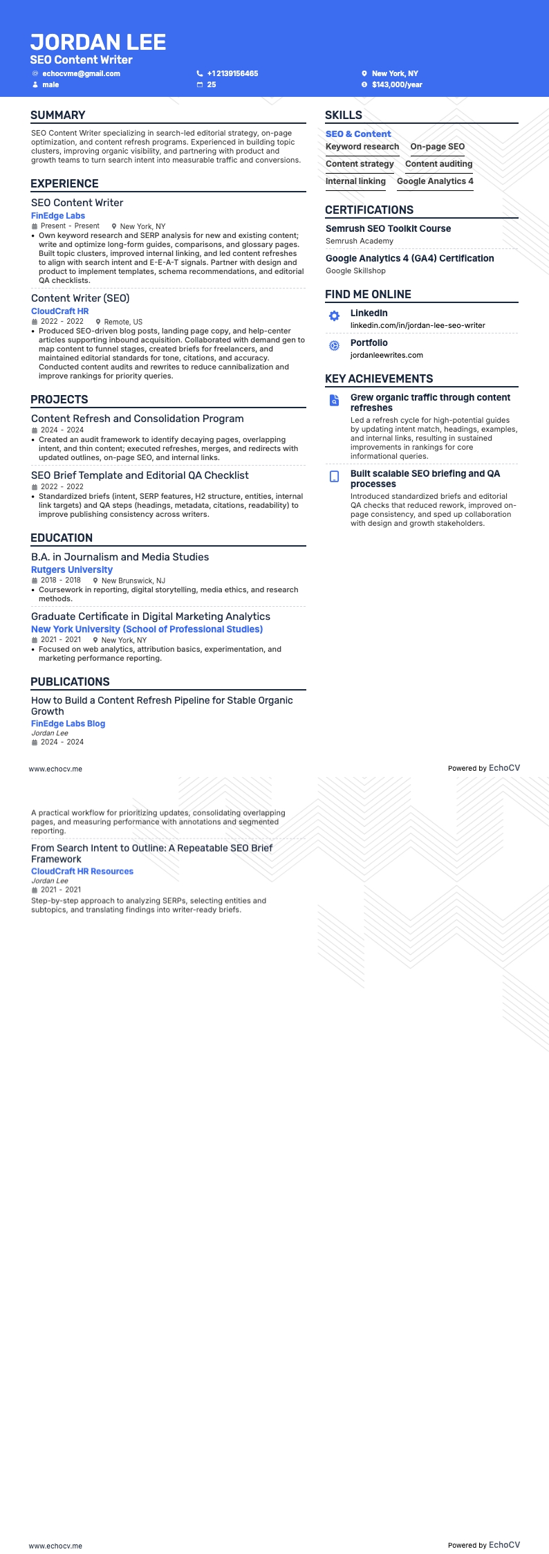 SEO Content Writer example resume