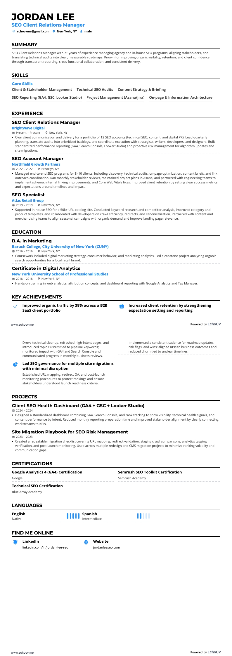 SEO Client Relations Manager example resume