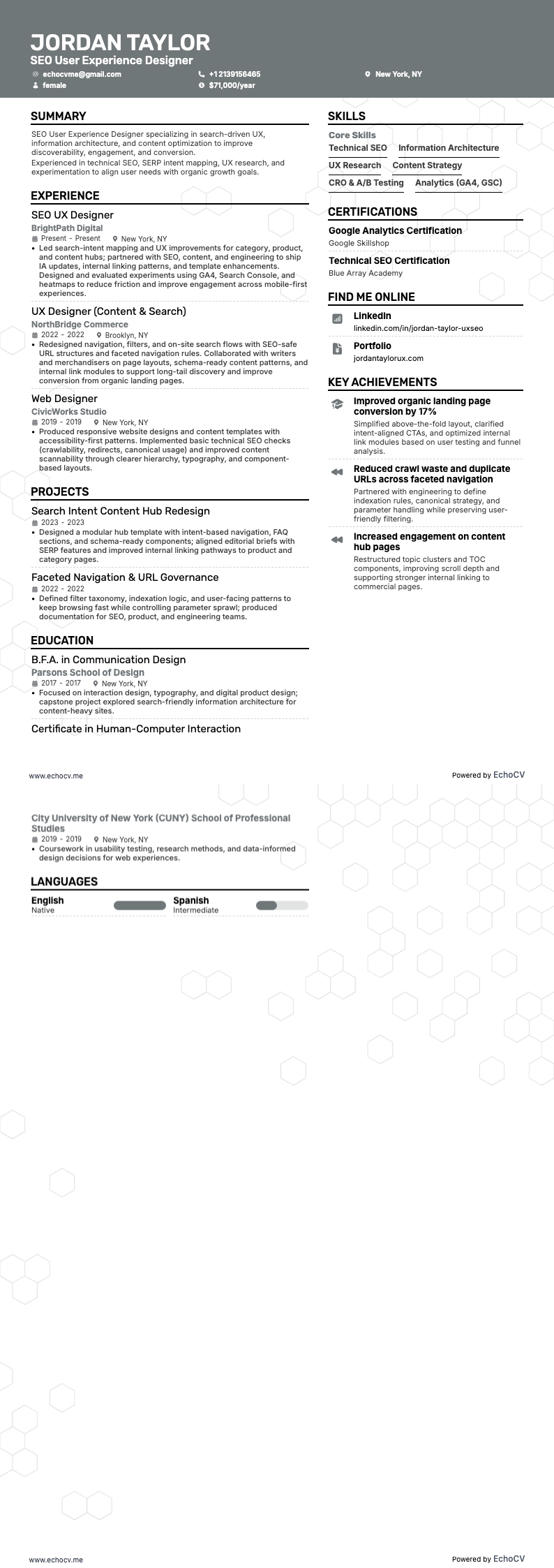 SEO User Experience Designer example resume
