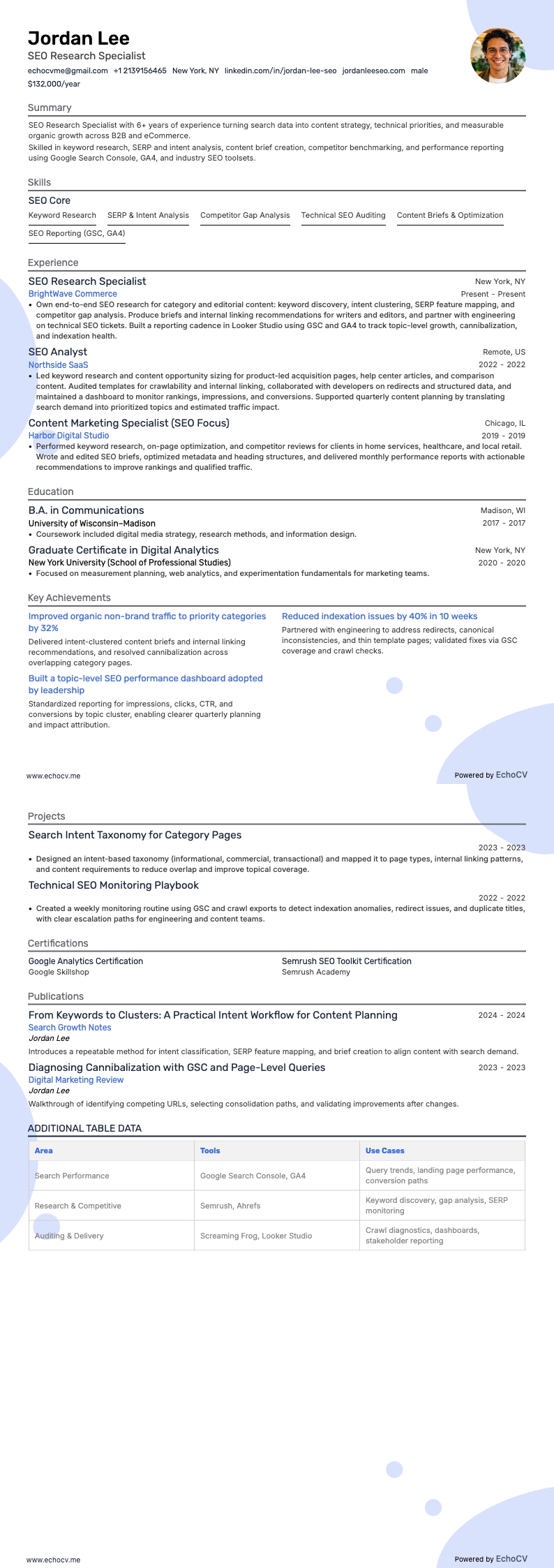 SEO Research Specialist example resume