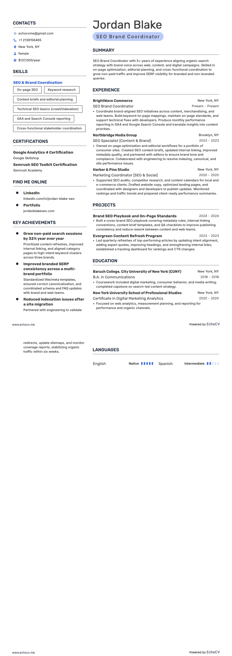 SEO Brand Coordinator example resume
