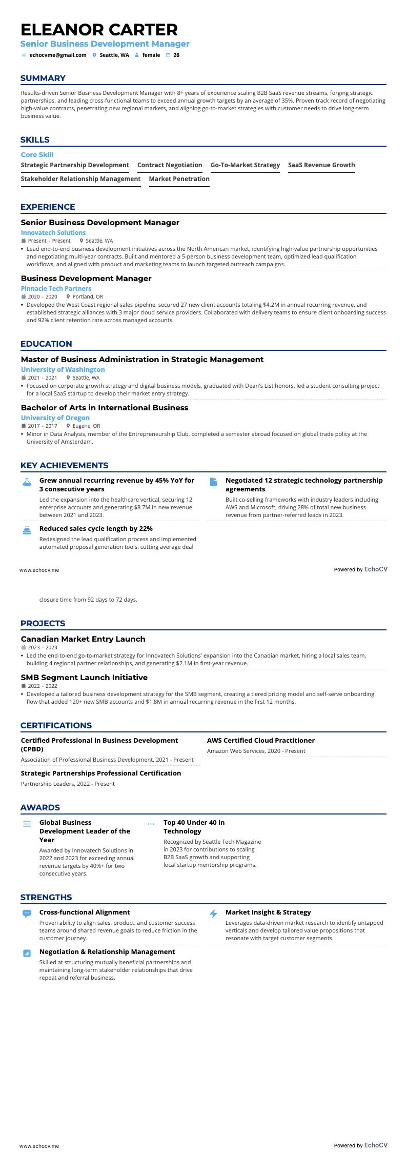Senior Business Development Manager example resume