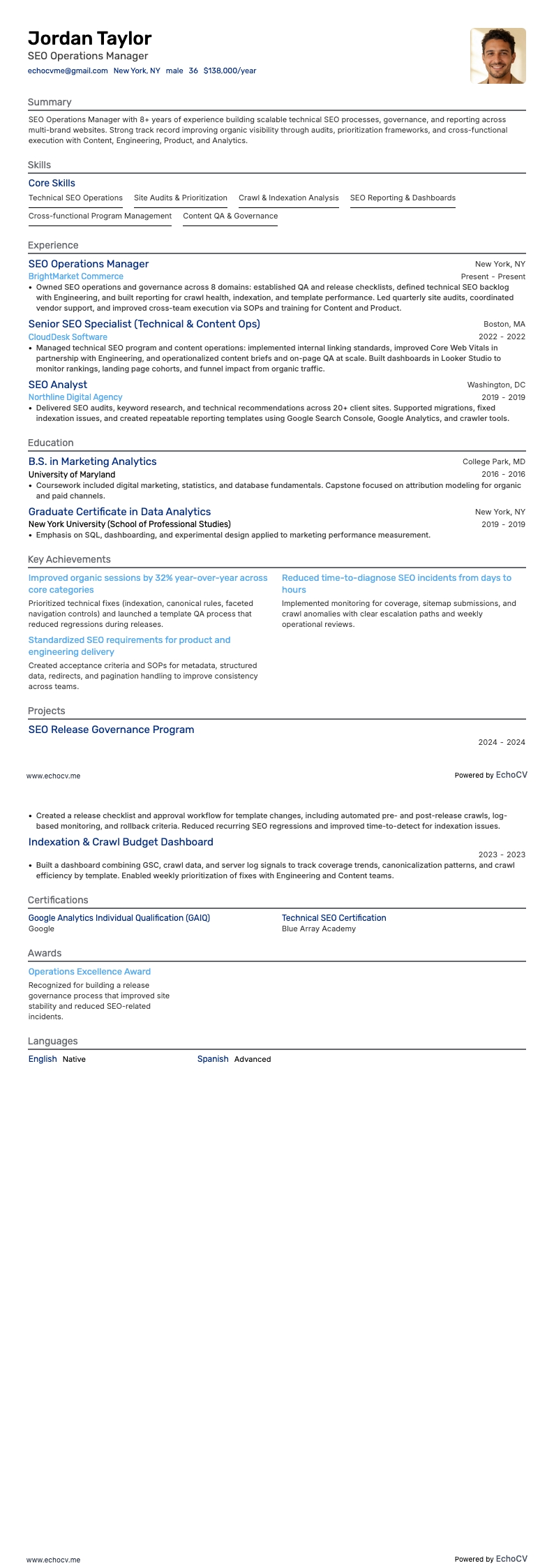 SEO Operations Manager example resume
