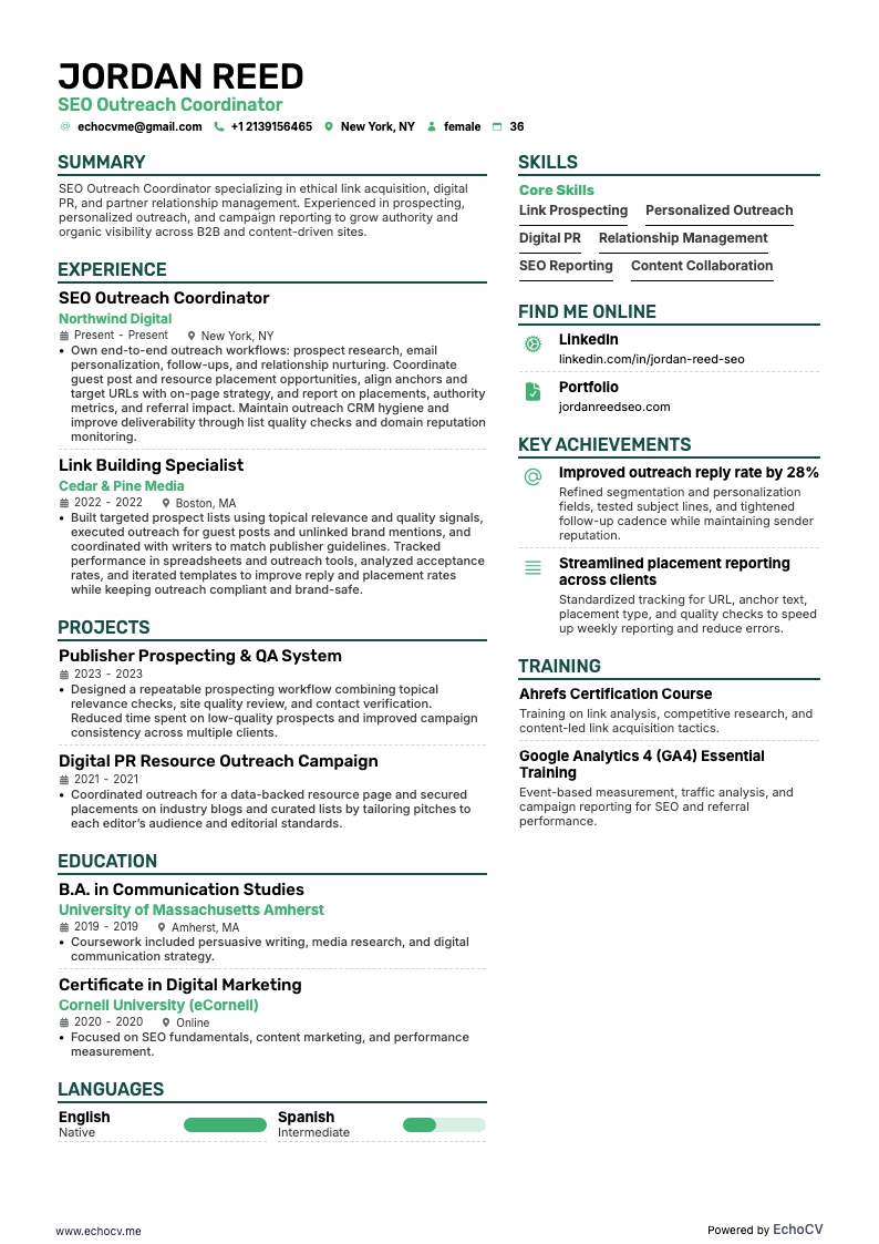 SEO Outreach Coordinator example resume