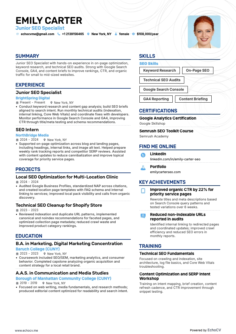 Junior SEO Specialist example resume
