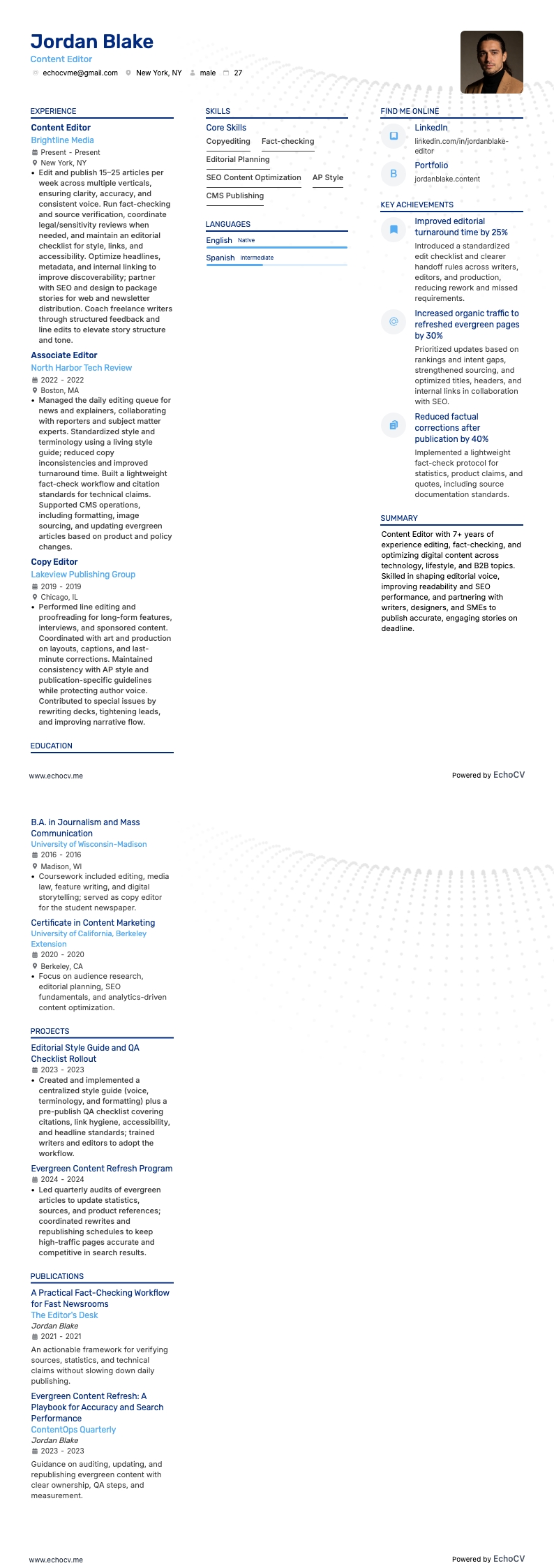 Content Editor example resume