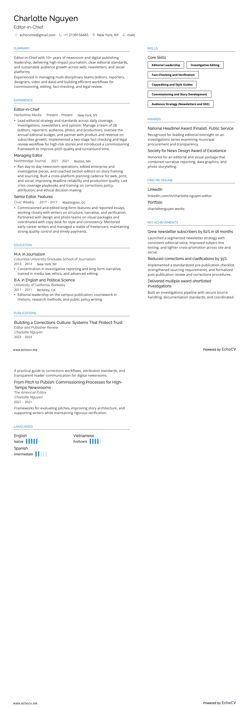 Editor-in-Chief example resume
