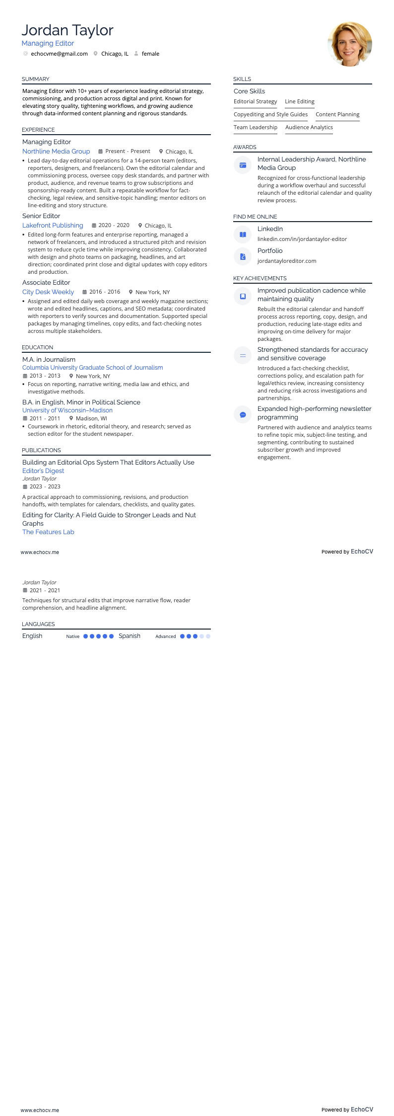 Managing Editor example resume