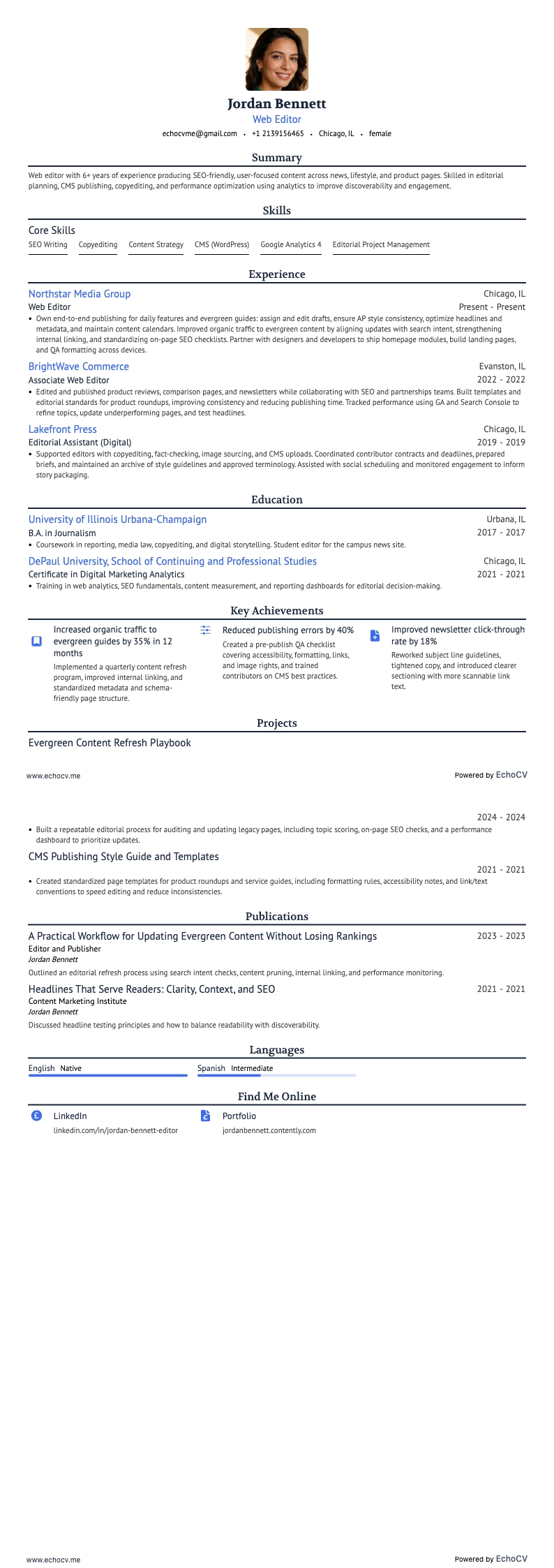 Web Editor example resume