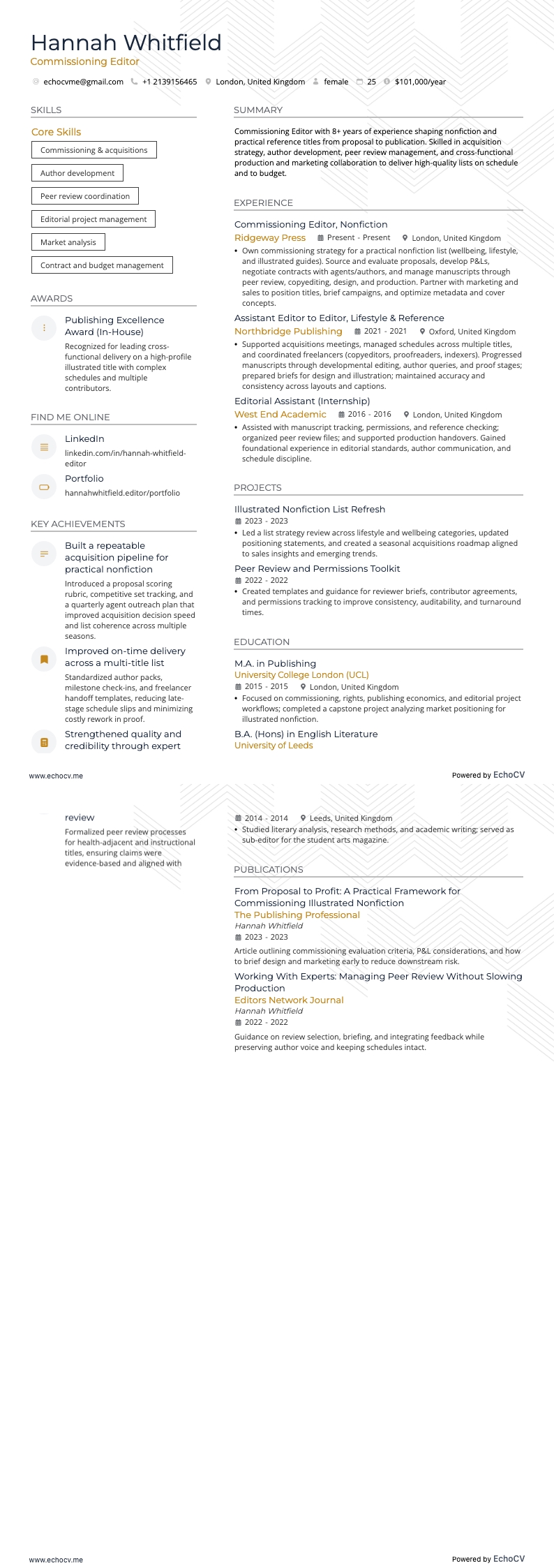 Commissioning Editor example resume