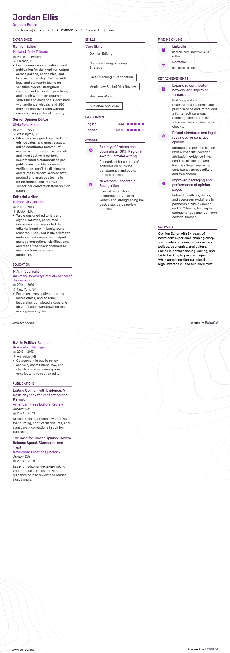 Opinion Editor example resume