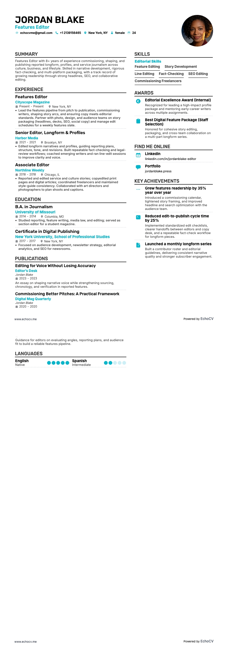 Features Editor example resume