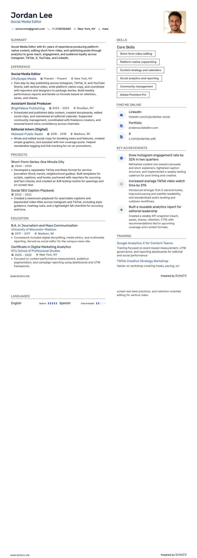 Social Media Editor example resume