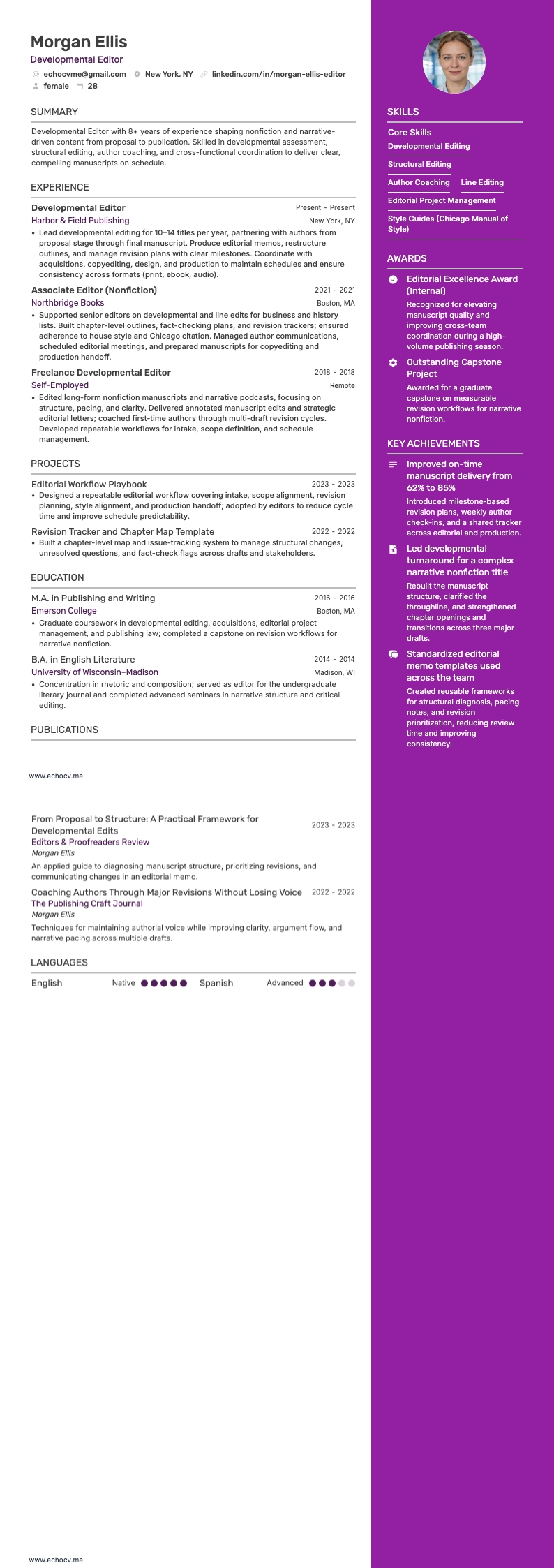 Developmental Editor example resume