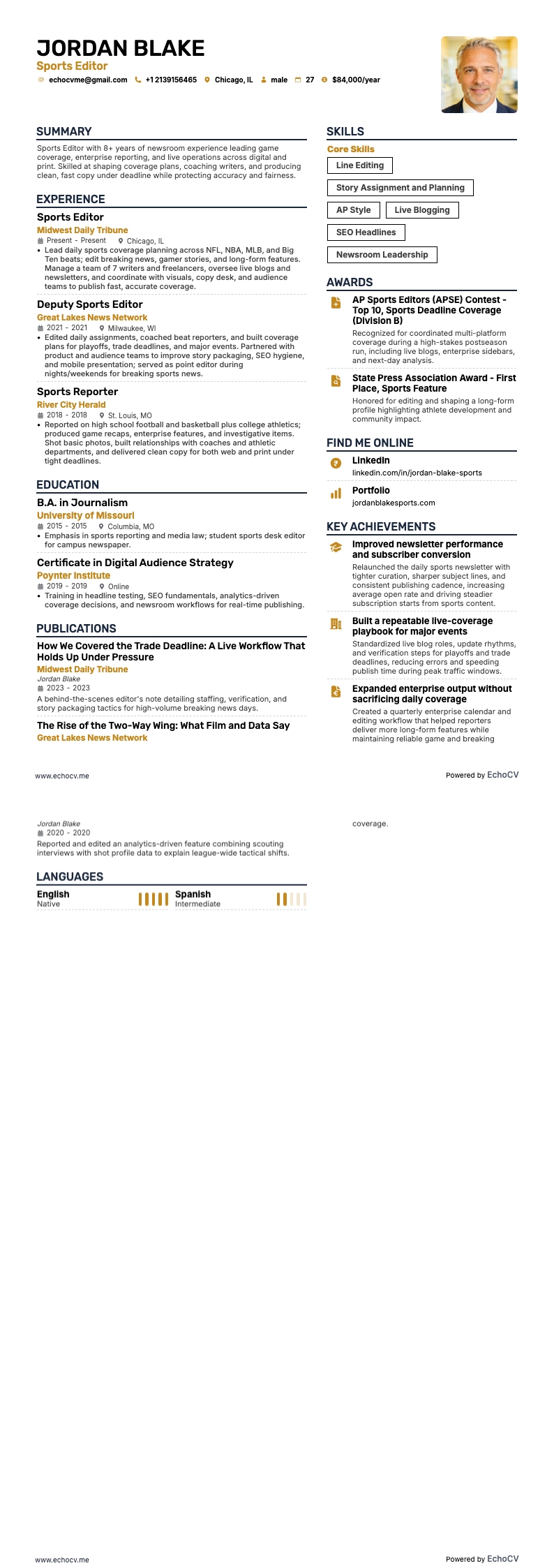 Sports Editor example resume