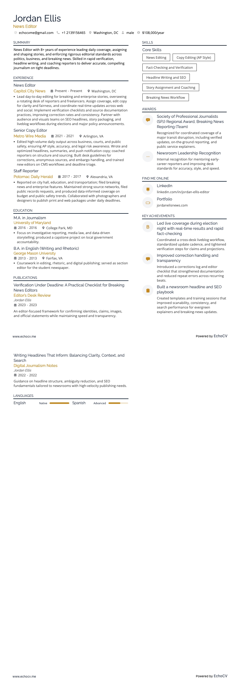 News Editor example resume