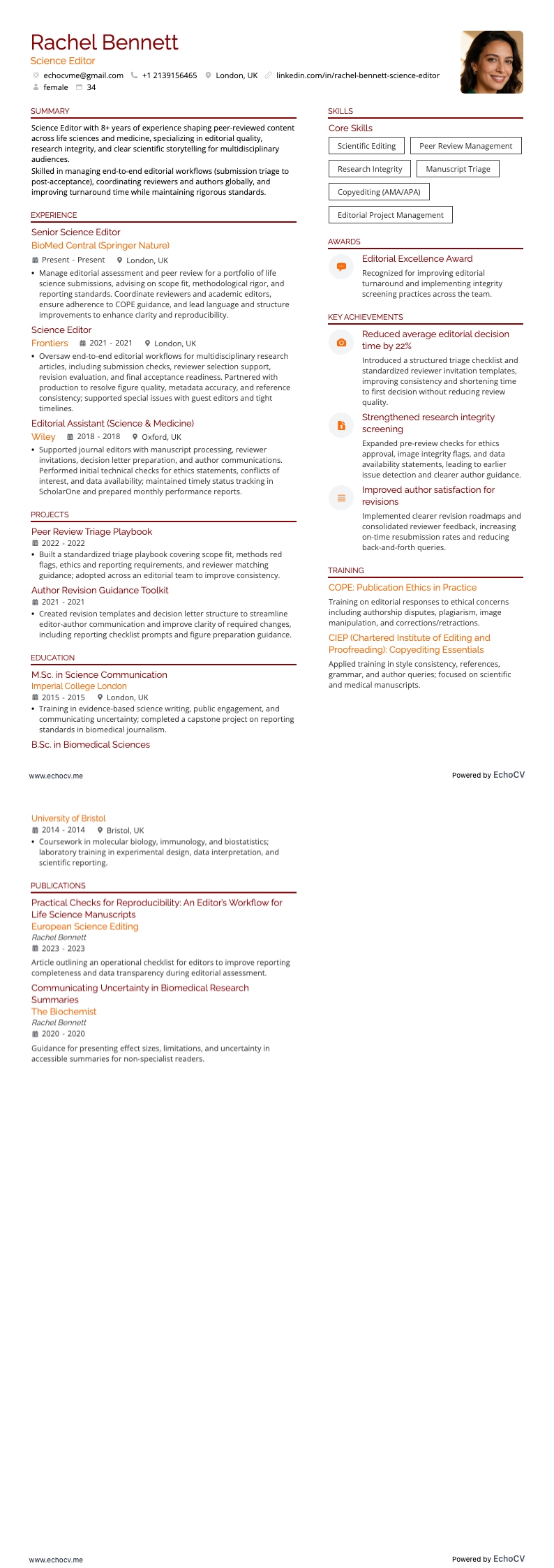 Science Editor example resume