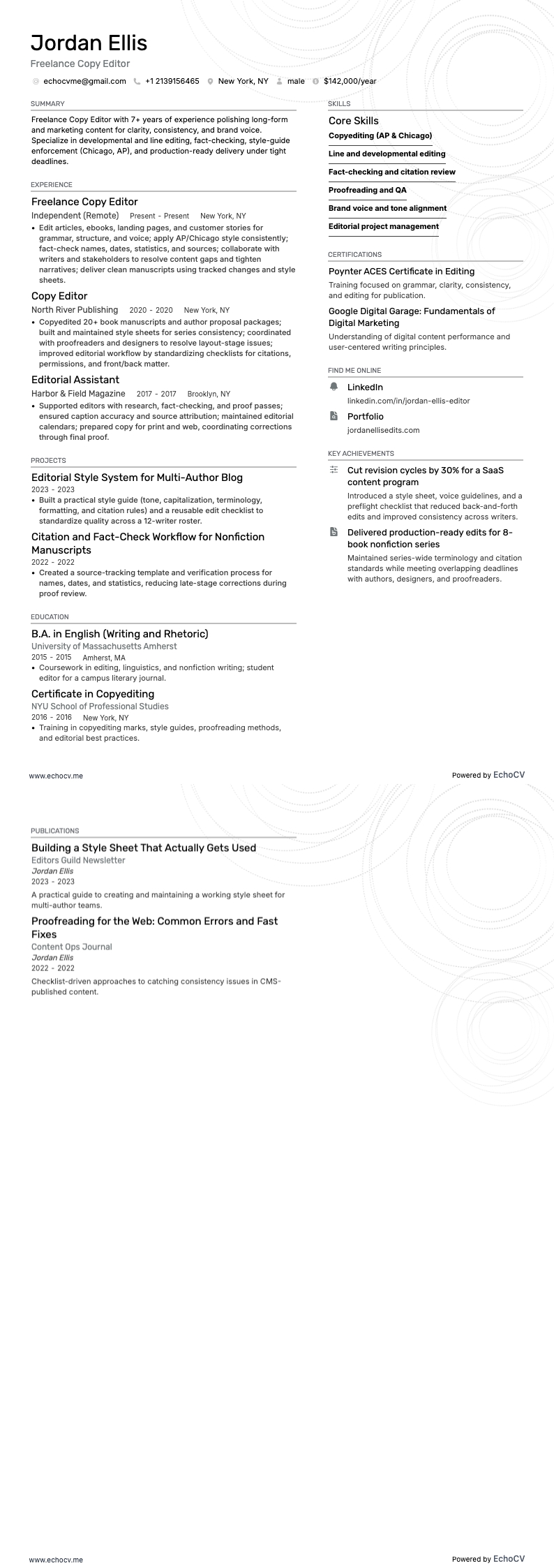 Freelance Copy Editor example resume