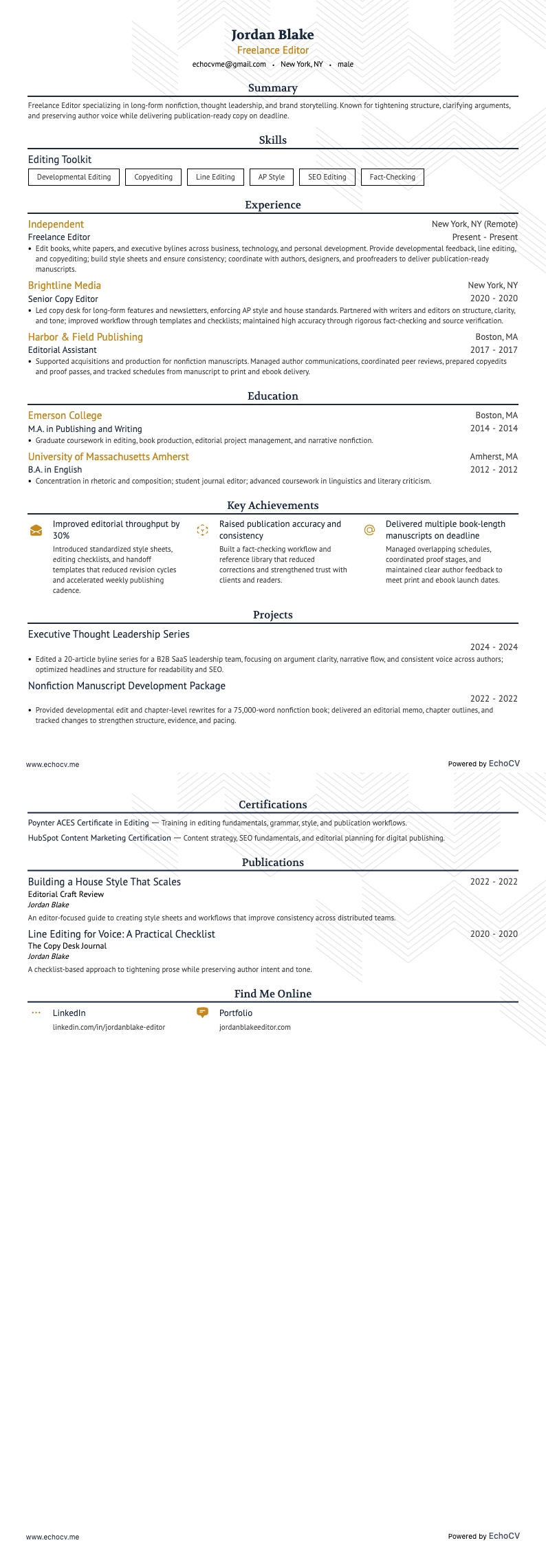 Freelance Editor example resume