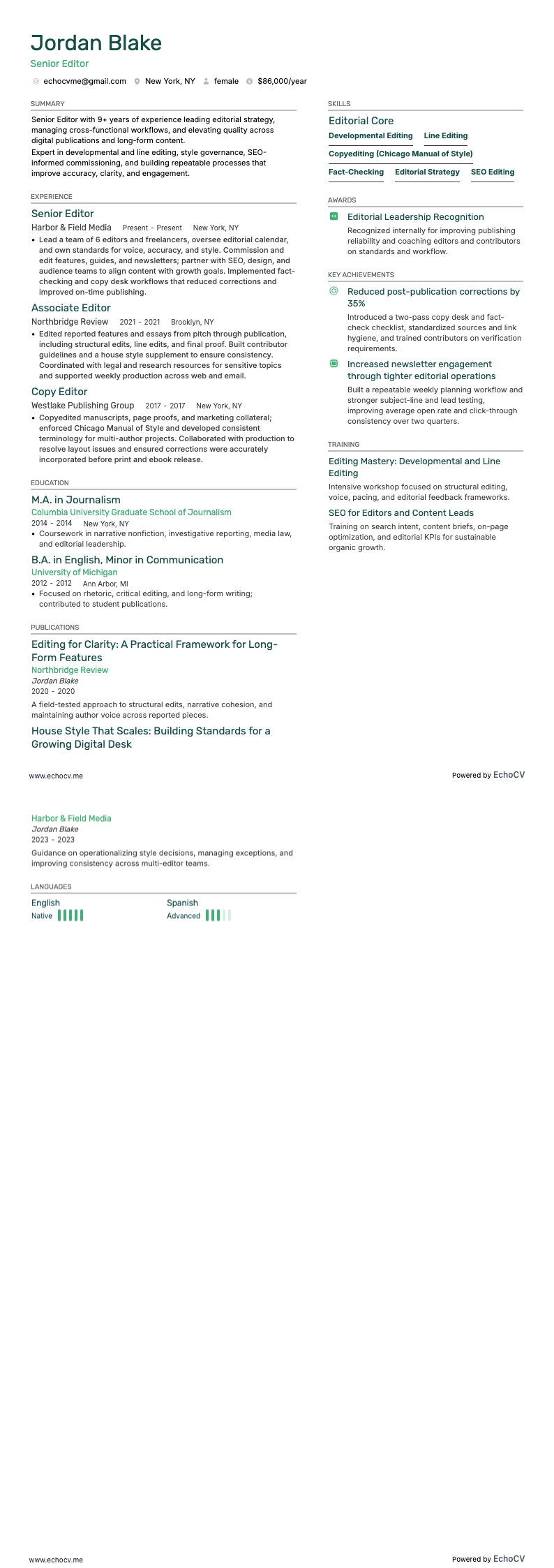 Senior Editor example resume