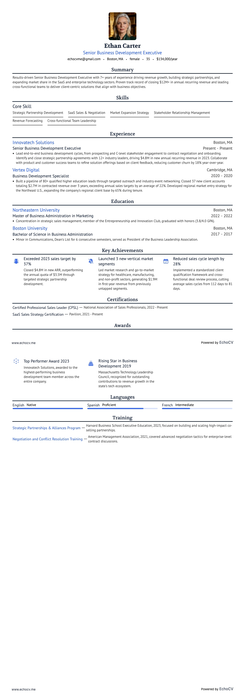 Business Development resume example