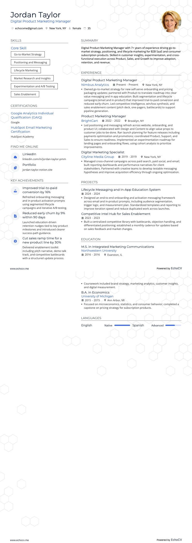 Digital Product Marketing Manager example resume