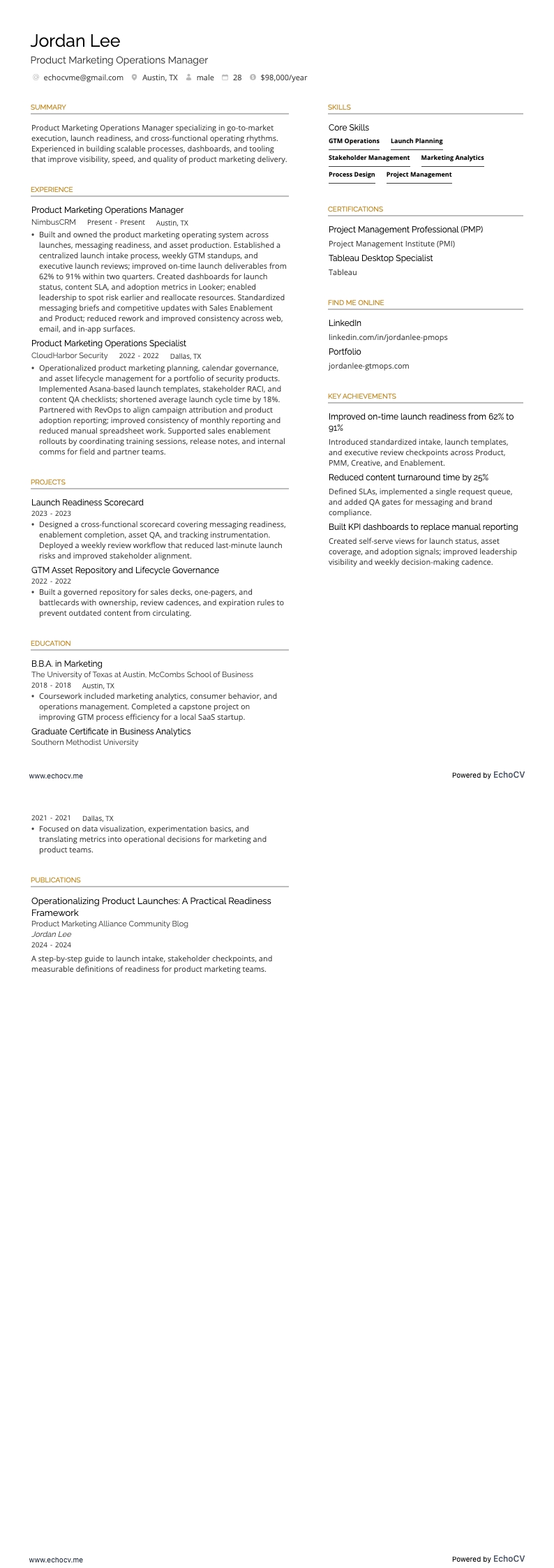 Product Marketing Operations Manager example resume