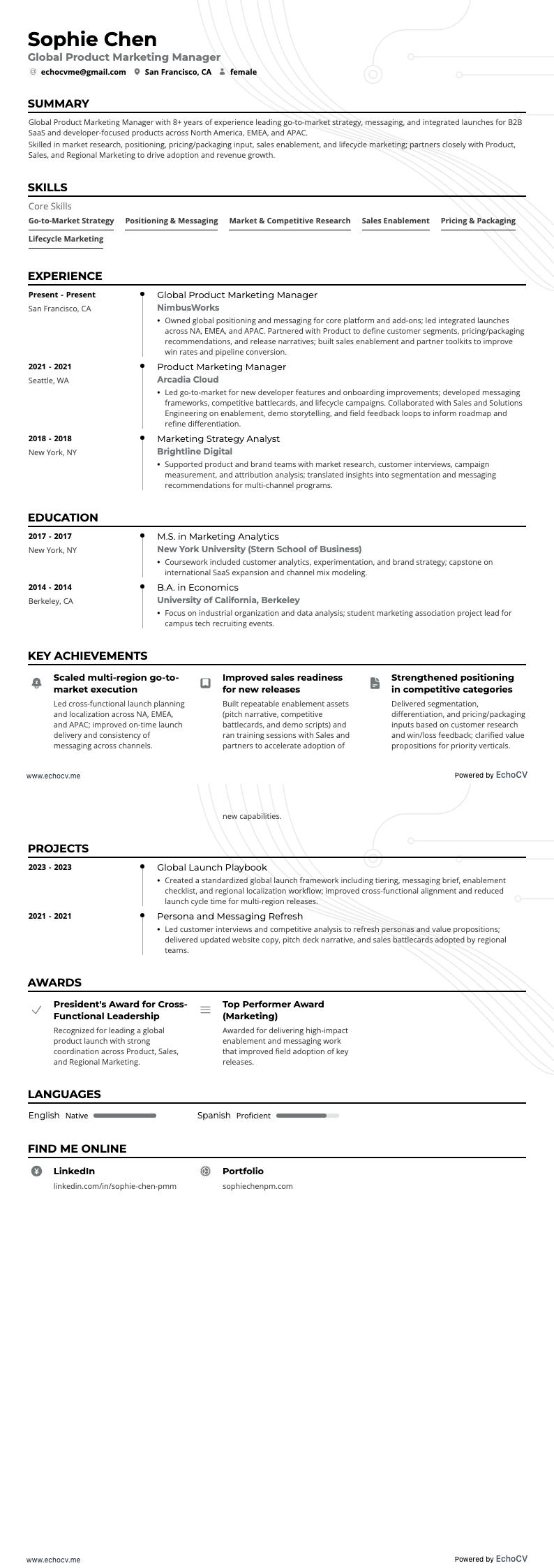 Global Product Marketing Manager example resume