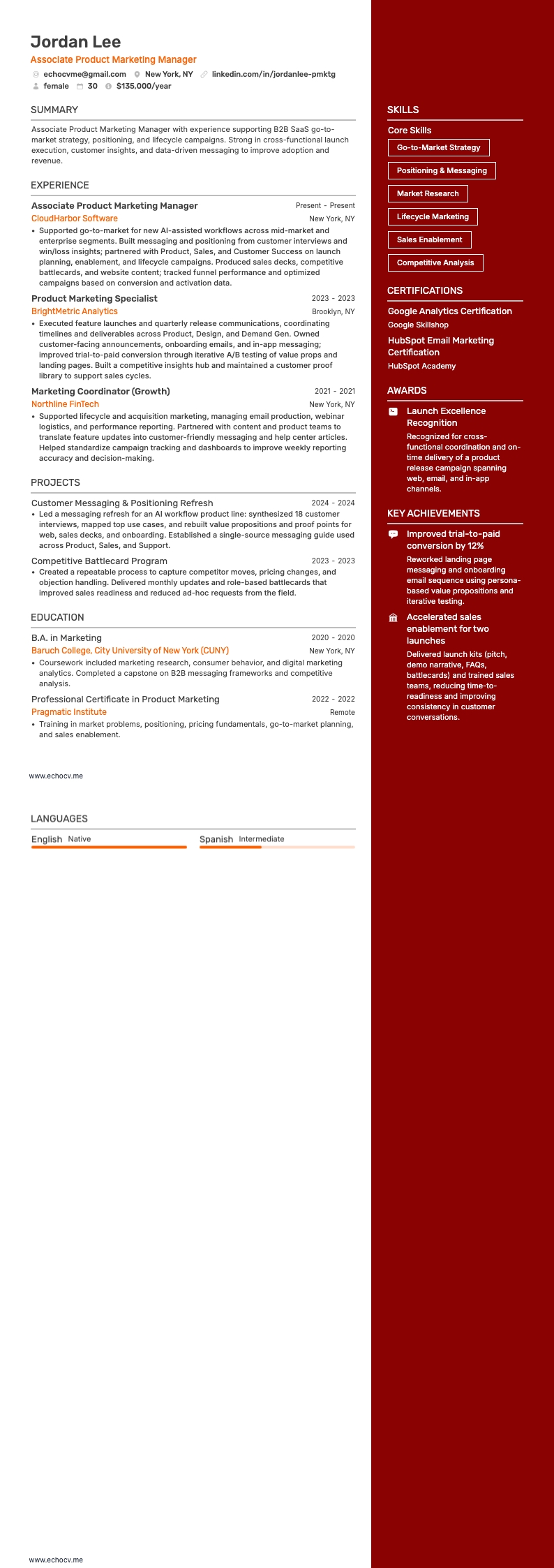 Associate Product Marketing Manager example resume