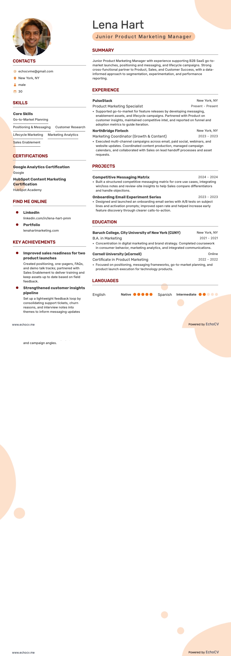 Junior Product Marketing Manager example resume