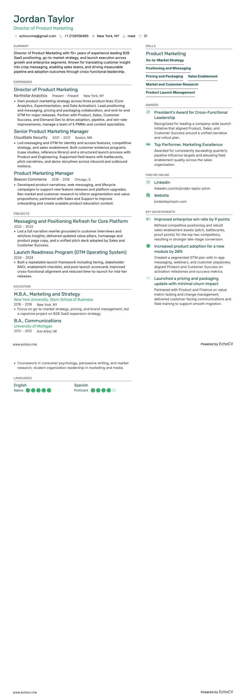 Director of Product Marketing example resume