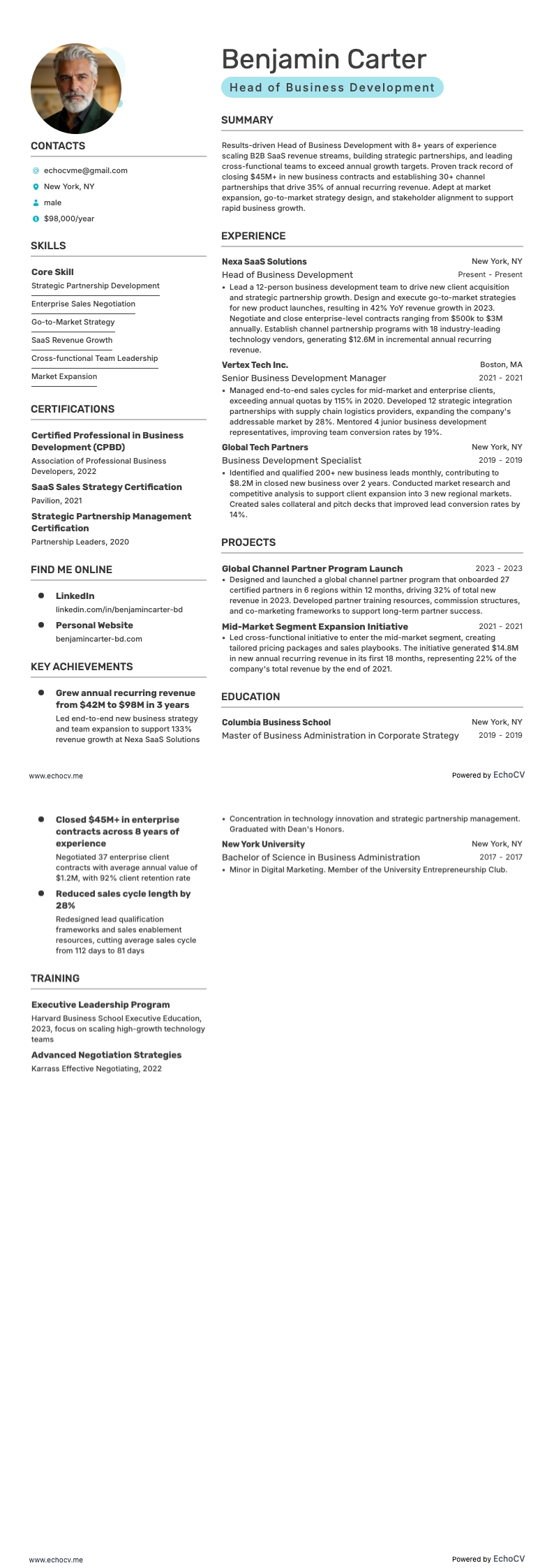 Head of Business Development example resume