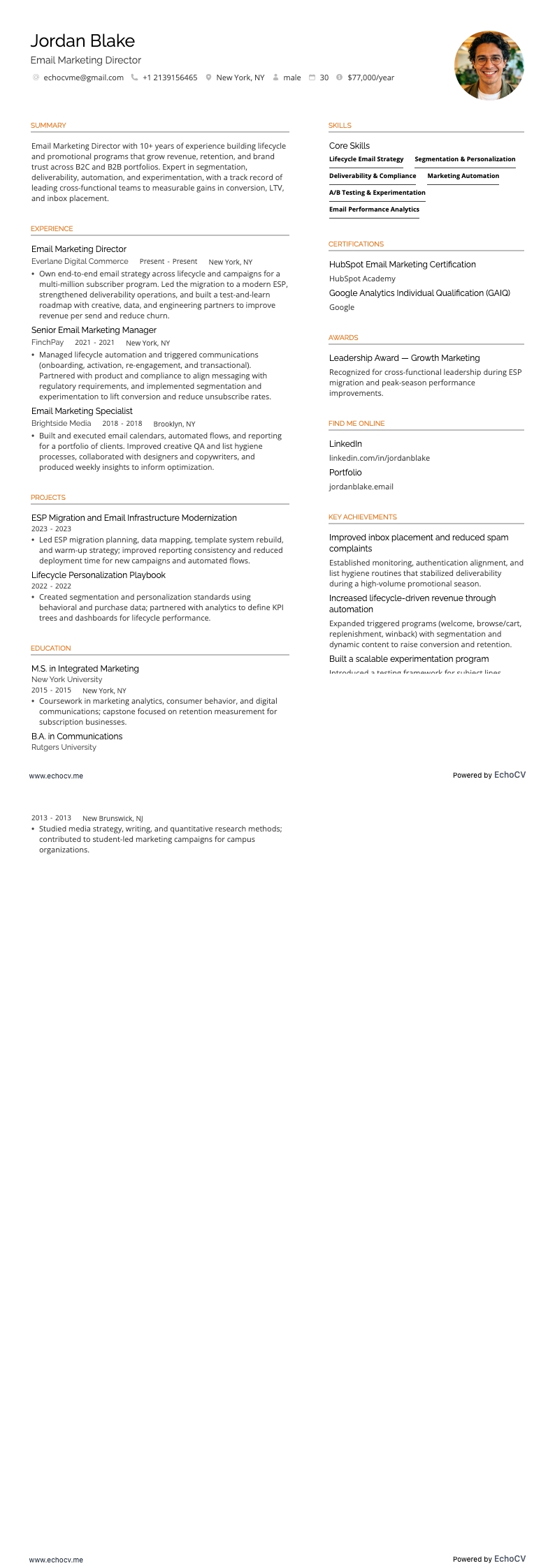 Email Marketing Director example resume