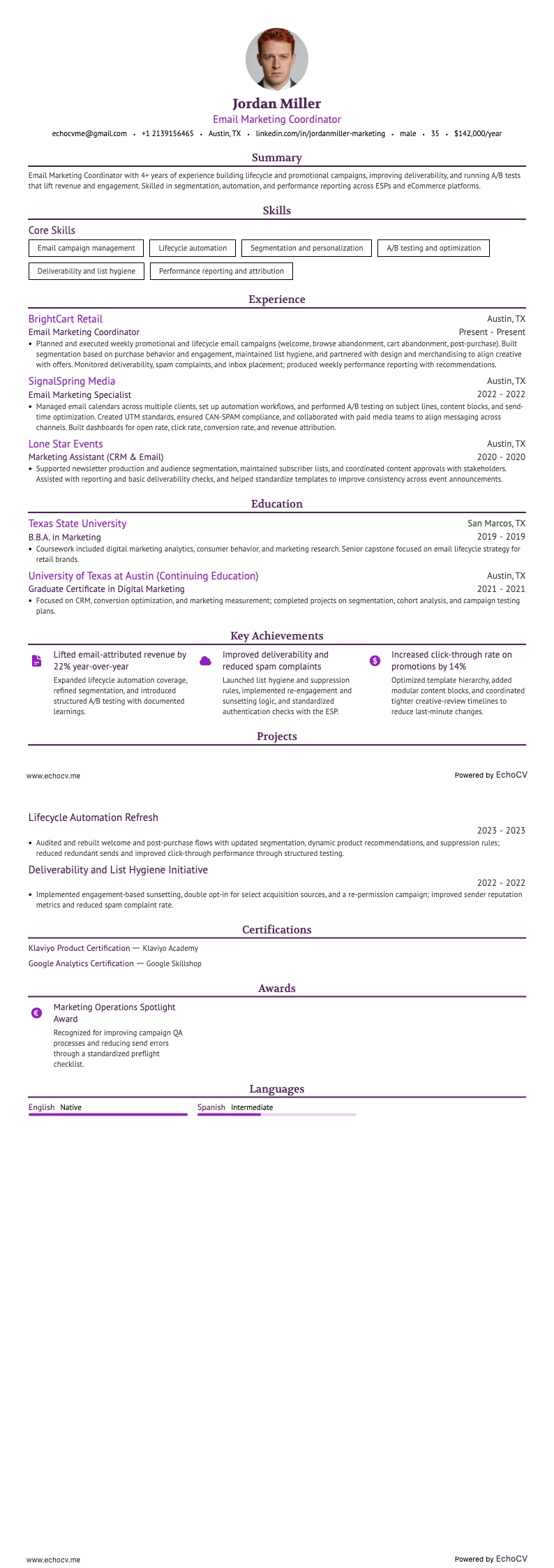 Email Marketing Coordinator example resume