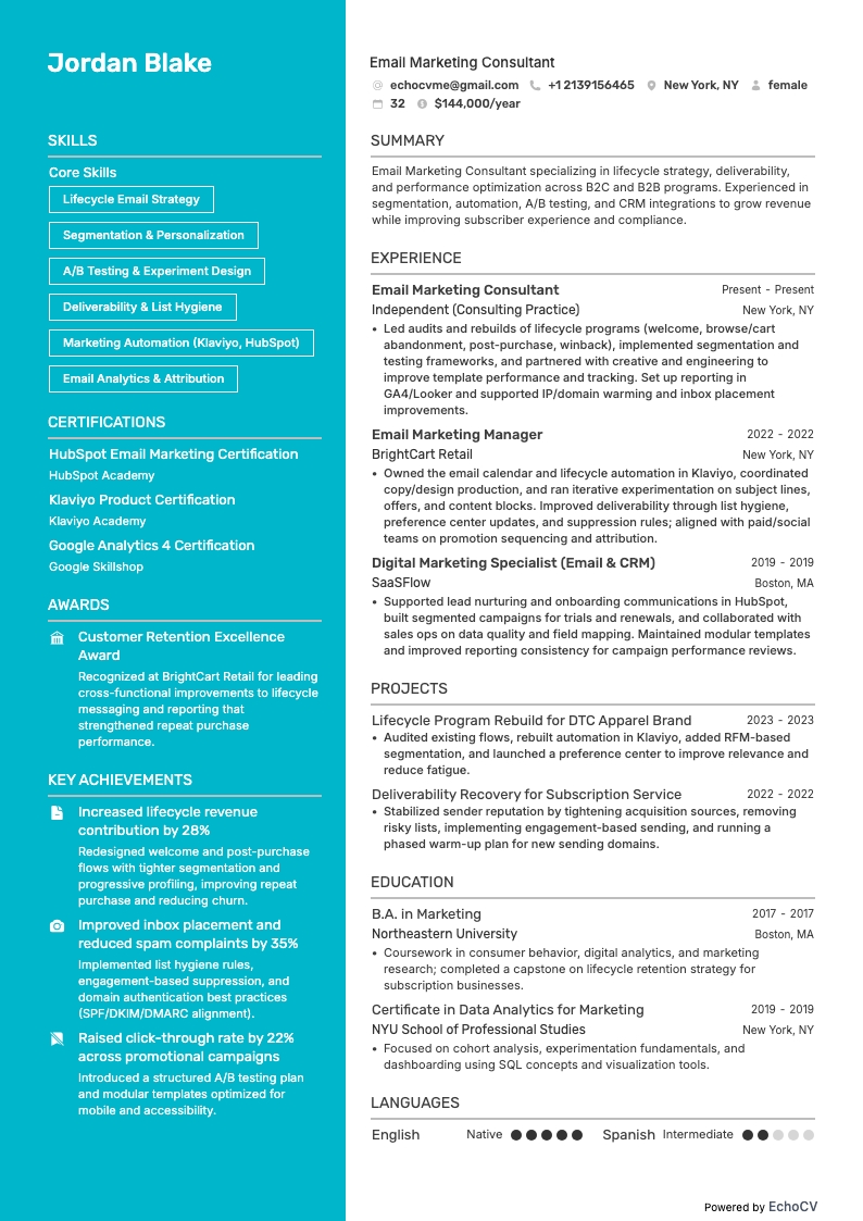 Email Marketing Consultant example resume