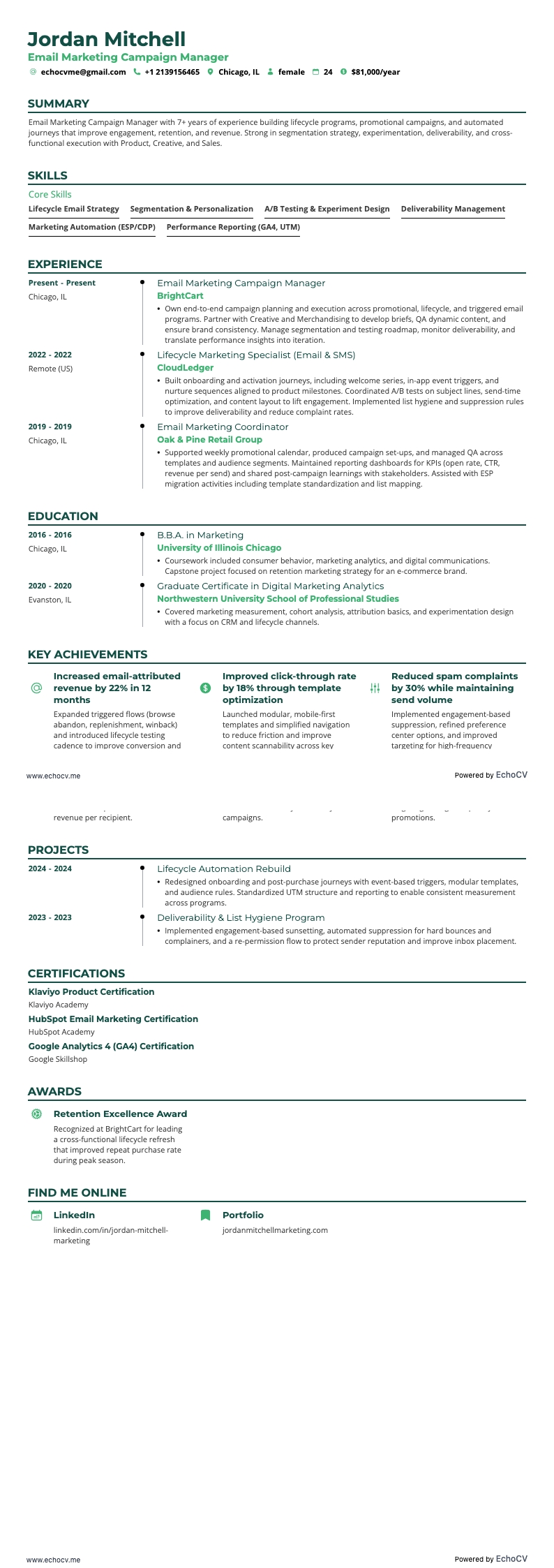 Email Marketing Campaign Manager example resume