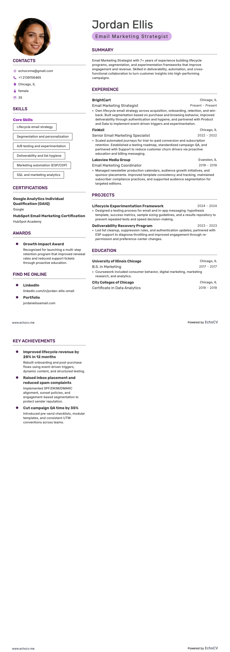 Email Marketing Strategist example resume