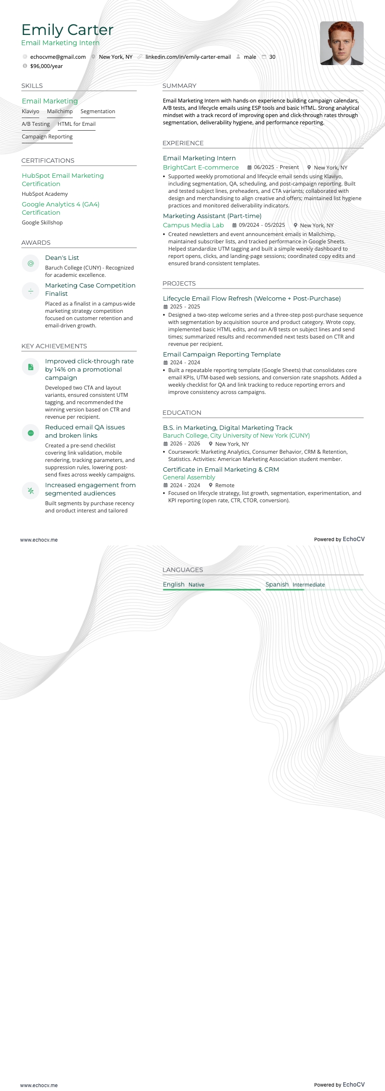 Email Marketing Intern example resume