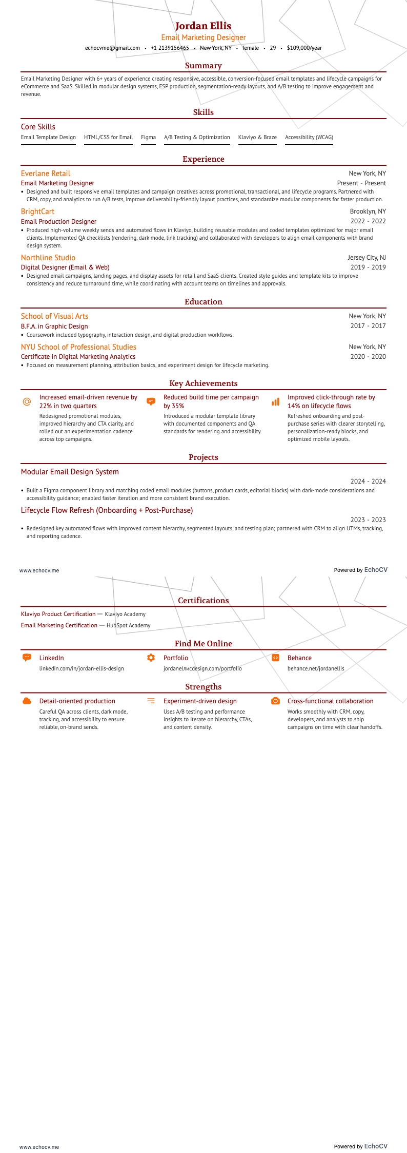 Email Marketing Designer example resume