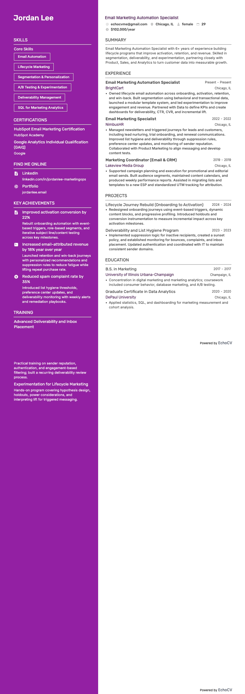 Email Marketing Automation Specialist example resume