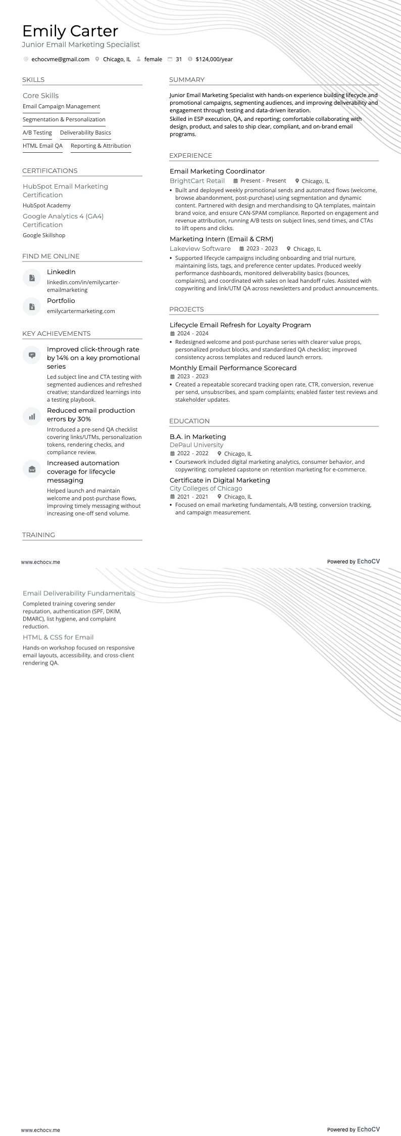 Junior Email Marketing Specialist example resume