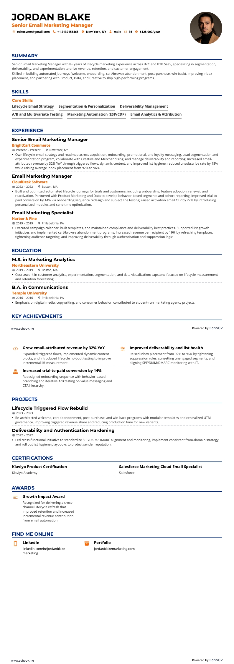 Senior Email Marketing Manager example resume