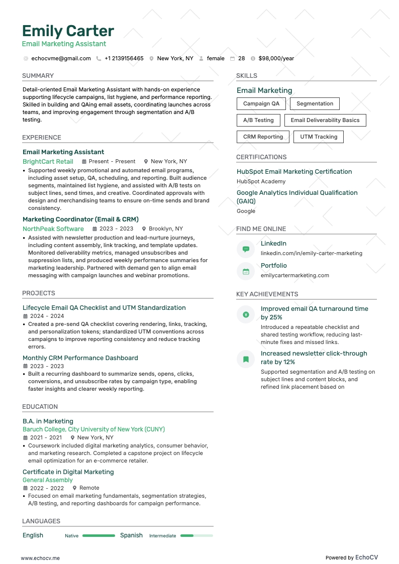 Email Marketing Assistant example resume