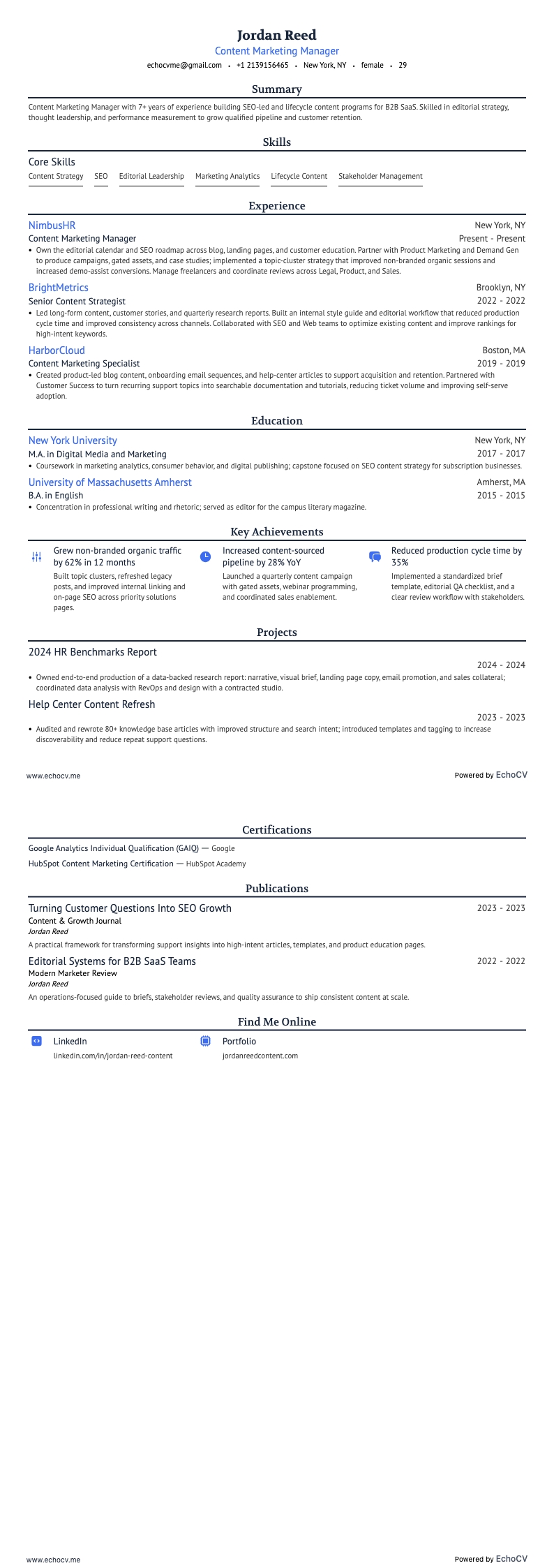 Gerente de marketing de contenidos example resume